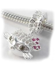 .925 Sterling Silver " Hello Kitty Silhouette w/ 32 Cz " Dangle Charm Bead Compatible with Pandora Chamilia Kay Troll Bracelet