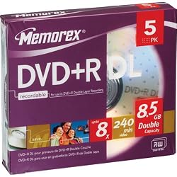 8x Double Layer Write-Once DVD+R 5 Pack Slim Cases.