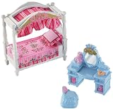 Fisher Price Loving Family Dollhouse Basic Decor Furniture Accessory Set – KID’s BEDROOM with Pillow, Bed with Canopy, Vanity Table with Mirror and Vanity Chair