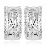 Platinum Plated Sterling Silver Genuine Diamond Accent Wide Band Hoop Earrings