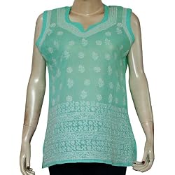 Womens Cotton Sleeveless Top Blouse Chikan Embroidery Size M (ctop467)