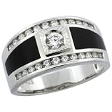 Sterling Silver Men's Black Onyx Solitaire Ring w/ CZ Stones, 7/16 in. (11.5mm) wide, size 10