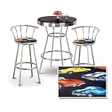 Chrome Bar Table & 2 Chrome 29" Old Muscle Car Hotrod Fabric Seat Barstools ....