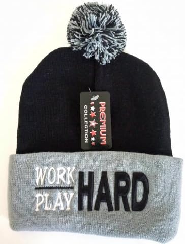 Work Hard Play Hard Black/Grey Pom Two Tone Cuffed Beanie Knit Skull Cap