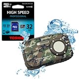 Bundle EASYPIX W510 Woodland Tarnfarbe Qutdoor Survival Action Unterwasser Digitalkamera 10m wasserdicht 5MP Sensor 6,9 cm 2,7 Zoll Display 8x Digitalzoom Li-Ion Akku & 32GB MicroSDHC Toshiba High Speed Professional W