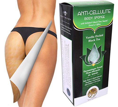 Cellulite treatment. Dry Skin Brushing Exfoliating Cellulite Reduction Sponge Scrubber. Infused with Seaweed Extract and Caffeine for Effective Cellulite Reduction and Skin Firming.