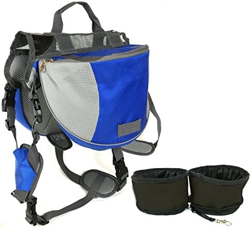 Sir Wag Dog Backpack Adjustable Saddlebag (S-Blue) and Set of 2 Folding Pet Bowls - 3 Items Bundle