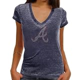 MLB Touch by Alyssa Milano Atlanta Braves Ladies Fade Route Premium Burnout Low V-Neck T-Shirt - Navy Blue (Large)