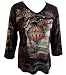 Mona Lisa - Katina Marie Air Ship 3/4 Sleeve, Rhinestone Studded, Pre-Washed, Printed Cotton V-Neck Top - Black