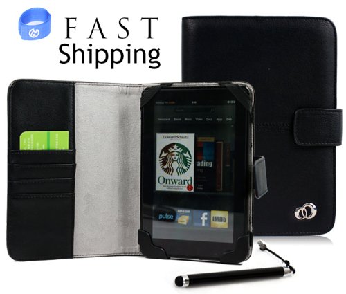 Amazon Kindle Fire 7-Inch Android Tablet PU Black Leather Case Cover with Stylus Pen Included + EnvyDeal Velcro Cord Tie (Will Not Fit Kindle Fire HD 7
