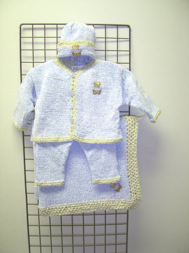 Cpk3bk, Knitted on Hand Knitting Machine Finished with Hand Crochet Infant Boys Blue Chenille with Beige Trim Cardigan Pant Hat Set Trimmed with Teddy Bear Patch and Matching Gita Blanket