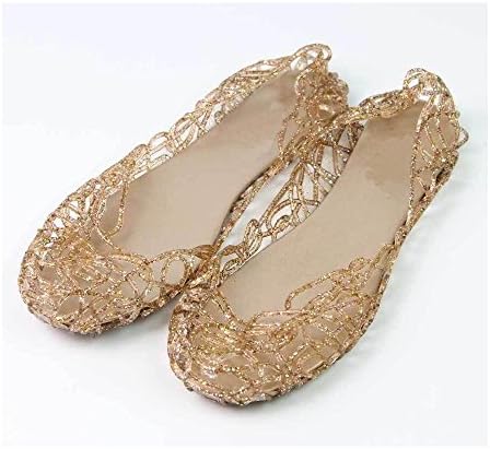 Women Summer Hot Ventilate Crystal Shoes Jelly Hollow Glitter Sandals Flat Shoes Color: Gold Size: EU40/US9/UK7