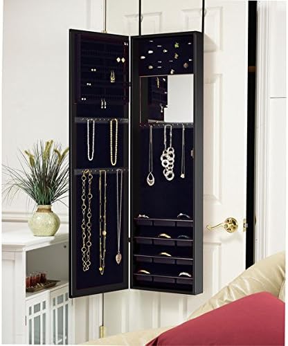 Over- The- Door Mirrored Jewelry Armoire Black Hangs Over Doors or Mounts on the Wall