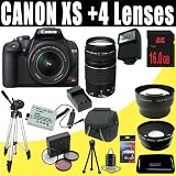 Canon Rebel XS 10.1MP Digital SLR Camera with EF-S 18-55mm f/3.5-5.6 IS Lens (Black) + Canon EF 75-300mm f/4-5.6 III Telephoto Zoom Lens + Wide Angle/Telephoto 16GB Deluxe Accessory Kit