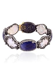 18kt Yellow Gold Diamond Blue Sapphire & Pearl Chain Bracelet Designer Jewelry
