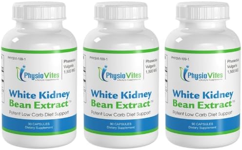 White Kidney Bean Extra Strength Low Carb Diet Support Phaseolus Vulgaris PhysioVites White Kidney Bean 1,500mg 270 Capsules 3 Bottles