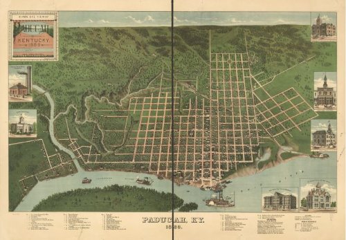Bird's eye view of Paducah, Kentucky 1889. Drawn by J. Blanton, Postlethwaite., large historic panoramic map reprint 51x36