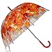 Kung Fu Smith Auto Open Kids Clear Bubble Rain Umbrella for Girls, Child Windproof Dome Plastic Stick Umbrella, Red Leaves