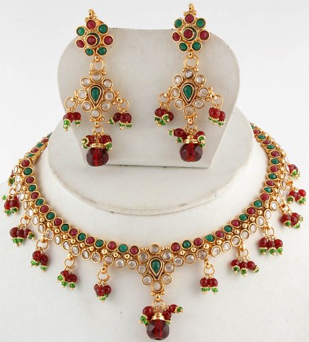 Faux Ruby and Emerald Polki Necklace Set - Copper Alloy with Cut Glass