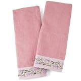Pink Cotton Hand Towel With Purple Floral Trim, Set Of 2