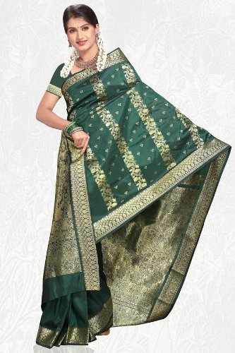 Forest Green Dupion Silk Sari with Golden Zari Border