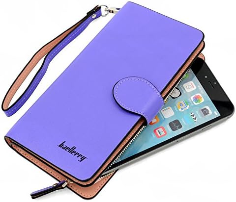 Glamdaisy Women's Leather Wallet Zipper Clutch Wallets with Wrist Strap for iphone 6s Plus, Samsung S7 (Purple)