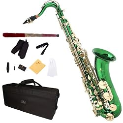 Cecilio 2Series TS-280GL Green Lacquered B Flat Tenor Saxophone + Case, Mouthpiece, 11 Reeds, & More