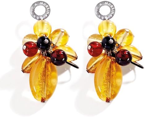 Dance Collection by Antica Murrina Dangle Earrings Set with Piled Amber and Black Round and Oval Murano Glass Beads with Stainless Steel Fittings; Handmade in Italy