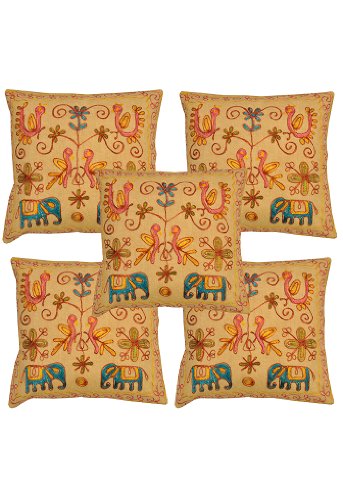 Imagen principal de Cojín de algodón indio cubre con tamaño de bordado de trabajo de 16 x 16 pulgadas Juego de 5 piezas
