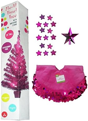 Peppermint Pink Pre-Lit Tinsel Christmas Tree 25" (2' foot feet) with 15 Assorted Sparkle &amp; Shine Star Ornaments, Sequin Mini Skirt, &amp; Star Tree Topper