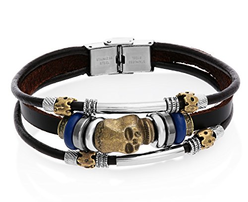 Brown leather rope wrist bracelet with skull alloy charm and bead…