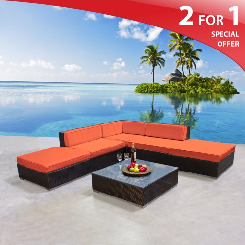 Aruba Modern Outdoor Patio Wicker Sectional Furniture 6 Piece Set Tangerine