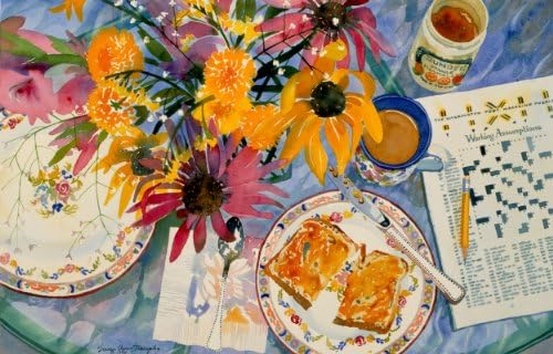 Toast and Black-eyed Susans, Giclee Print of Watercolor Still Life, Showing a Bouquet of Flowers, Coffee and Toast, and a Crossword Puzzle, 13 X 20 Inches