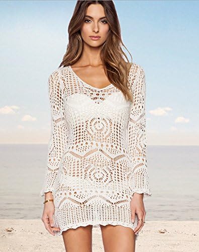 Angcoco Womens Sexy Crochet Hollow Out Bikini Cover Up Dress With Belt White