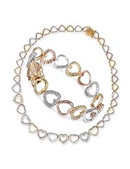Tri Color Rose, Gold, Vermeil Brushed Heart Bracelet, Necklace And Earrings Set