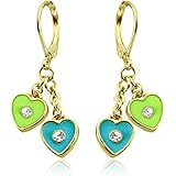 Little Girls Earrings with Enamel and Crystal Double Dangle Hearts- 14kt Gold Plated Lever backs Jewelry for Girls
