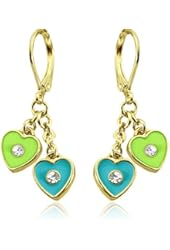 Little Girls Earrings with Enamel and Crystal Double Dangle Hearts- 14kt Gold Plated Lever backs Jewelry for Girls