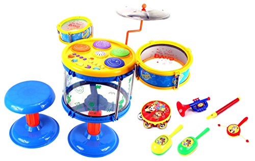Deluxe Jazz Band Kid's Children's Toy Drum Percussion Musical Instrument Playset w/ 2 Drums, Cymbal, Toy Tambourine, Maracas, Trumpet, Flute, Rattle Drum (Yellow)
