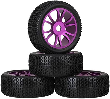 Mxfans RC 1:8 Off Road Car T-word Pattern Rubber Tires &amp; 17mm Drive Hex Purple 12 Spoke Aluminium Alloy Wheel Rim for Pack of 4