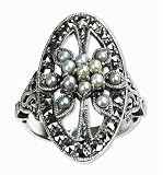 Oval Shield Silver Natural Seed Pearl Ring
