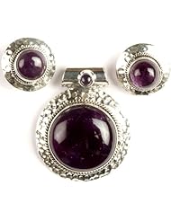 Amethyst Circular Pendant with Earrings Set - Sterling Silver