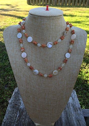 Natural Rosa Marble, Italian Onyx, and Mother of Pearl Shell Handmade Long Necklace - White, Orange Stones