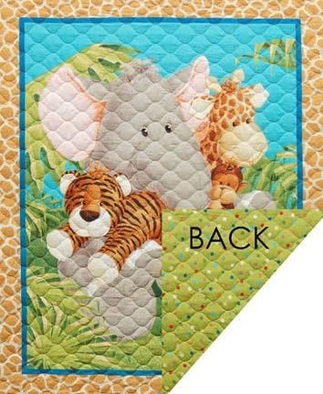 Animal "Jungle Babies" Double Sided Quilted Fabric Panel By Patty Reed (Pre-Quilted Baby Quilt, Quilting, Sewing, Craft Projects, & Wall Hanging) 35" x 44"