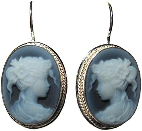 Cameo Earrings Natural Agate Stone Euro Wire 925 Sterling Silver Laser Carved Italian