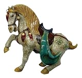 Ceramic Horse with Saddle - Off White Crackle Glaze with Red, Green, Blue Accents
