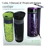 Contigo 3 Pack of BPA Free Hydration Bottles AutoSeal Technology (Lime, Charcoal, Purple *with Design)