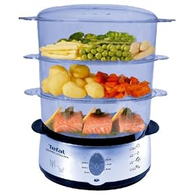 Tefal Aquatimer VC101016 3 Tier Steamer, 9 Litre, Black & Chrome