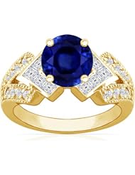 14K Yellow Gold Round Cut Blue Sapphire Ring With Sidestones (GIA Certificate)