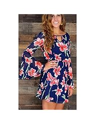 Sexy General Print Scoop Neck Bell Sleeves Long Sleeves Sheath Above the Knee Chiffon Evening Dress/Party Dress 