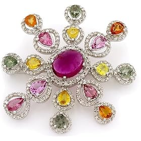 18K White Gold Gemstone Diamond Brooch by 